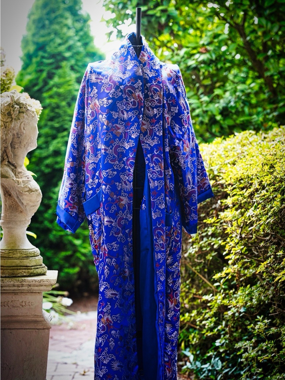 Vintage Blue Dragon Embroidered Kimono Jacket Robe Silk Blend One Size